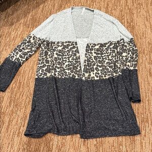 Open-Front Leopard Colorblock Cardigan - Gray/Black/Cream